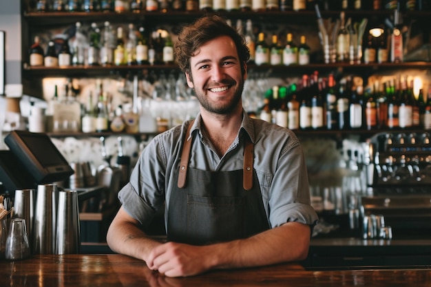 Portrait of a male chef standing in a restaurant with AI generated