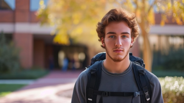 Photo portrait of male college student at campus looking at camera