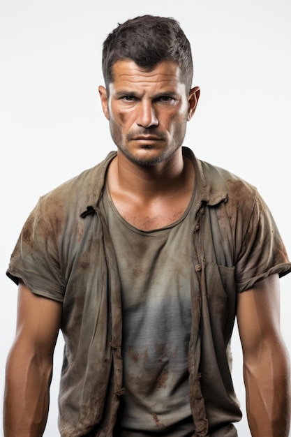 Portrait of a male construction worker covered in dirt and sweat