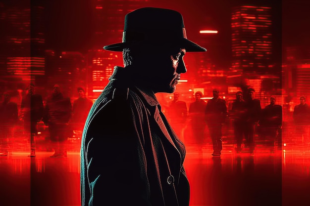 Ritratto di detective maschio in cappello con doppia esposizione banner poster per film thriller e libro