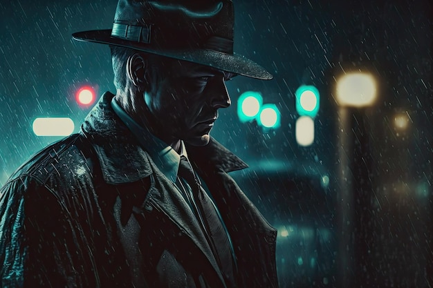 Портрет мужчины-детектива в стиле нуар в плаще и шляпе в ночном городе