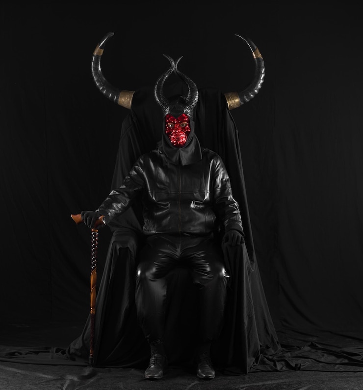फोटो portrait of a male devil with horns on a black throne