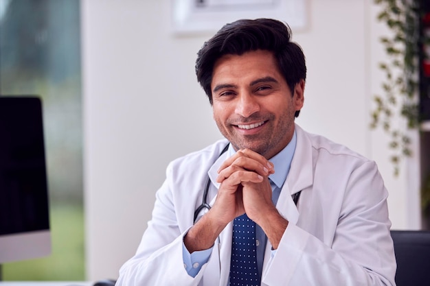 Portrait Of Male Doctor Or GP Wearing White Coat At Desk In Office