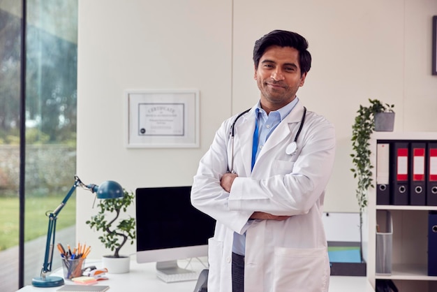 Portrait Of Male Doctor Or GP with Stethoscope Wearing White Coat Standing In Office