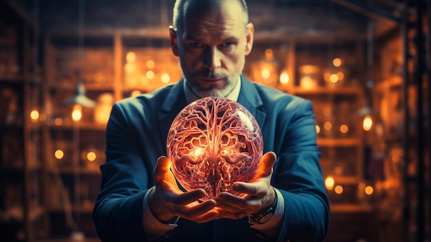 portrait of male doctor holding human brain