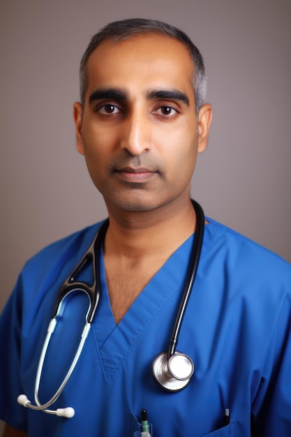 Portrait of a male doctor wearing scrubs and holding his stethoscope created with generative ai