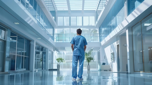 Portrait Of Male Doctor Wearing Scrubs Standing In Modern Hospital Building