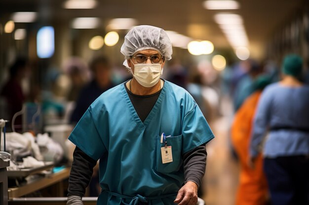 Portrait of a male doctor wearing a surgical mask and cap in a busy hospital hallway