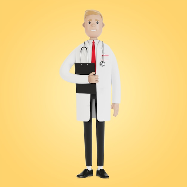 Portrait of a male doctor with a folder in his hands. 3D illustration in cartoon style.