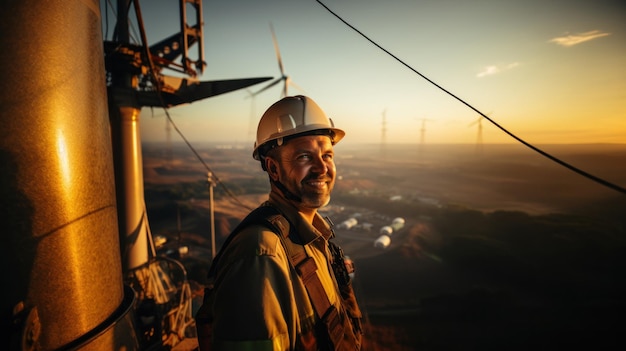 Portrait of a male engineer in a hard hat helmet on a background of wind turbines