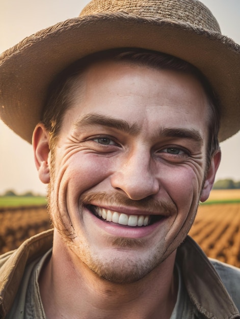 Photo portrait of a male farmer weraing hat happy face