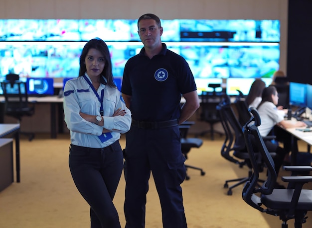 Photo portrait of male and female security operator while working in a data system control room offices technical operator working at  workstation with multiple displays, security guard working on multiple