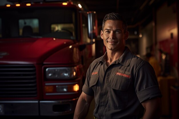 portrait of male firefighter smiling in front of fire truck bokeh style background