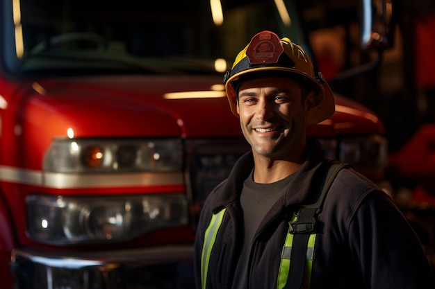 portrait of male firefighter smiling in front of fire truck bokeh style background