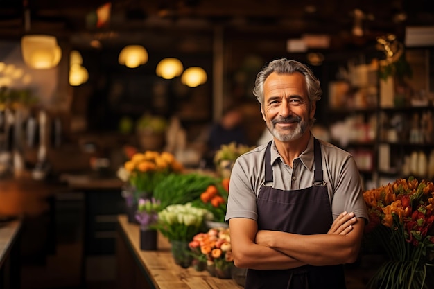 Portrait of a male florist in his flower shop Generative ai image