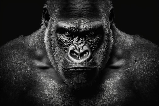 Photo portrait male gorilla on black background, severe silverback gorilla  ,generative ai