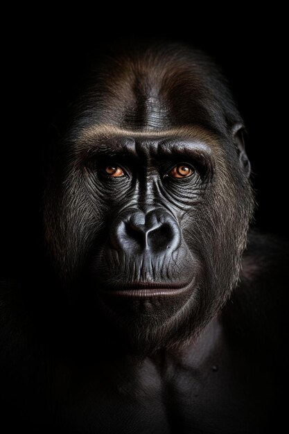 Photo portrait of a male gorilla on a black background severe silverback grave look of the great ape the