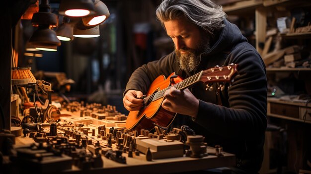 Photo portrait of male guitarist in the store