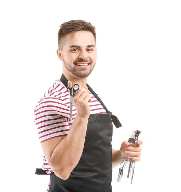 Photo portrait of male hairdresser on white