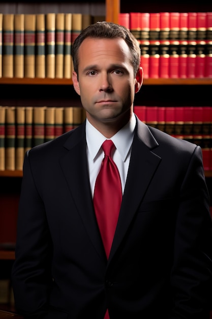 Foto ritratto di un avvocato in abito e cravatta rossa in piedi in una biblioteca