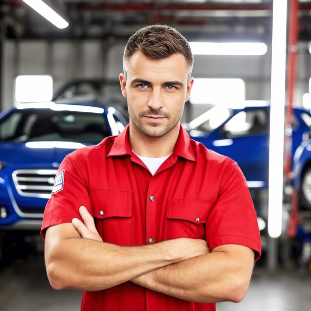 Portrait of a male mechanic working in auto repair shop Generative AI