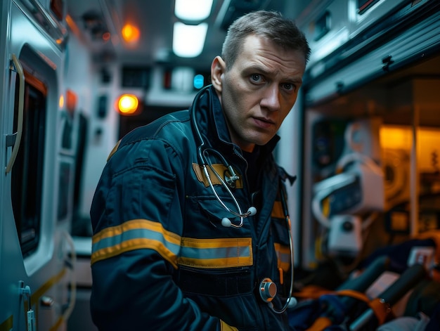 Portrait of a male paramedic in an ambulance