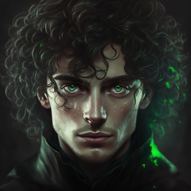 portrait of a male person with green eye curly hair digital art image