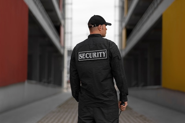 Portrait of male security guard with radio station