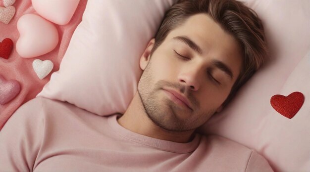 Portrait of male sleeps tight against Valentine's Day feel background