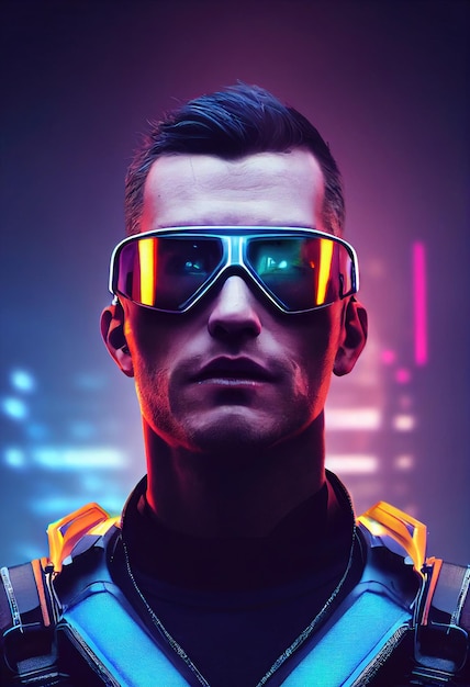 Portrait of a male superhero wearing neon virtual goggles and superhero gear