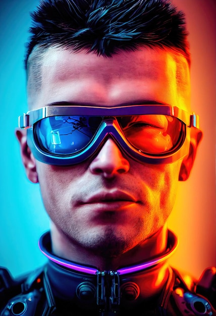 Portrait of a male superhero wearing neon virtual goggles and superhero gear