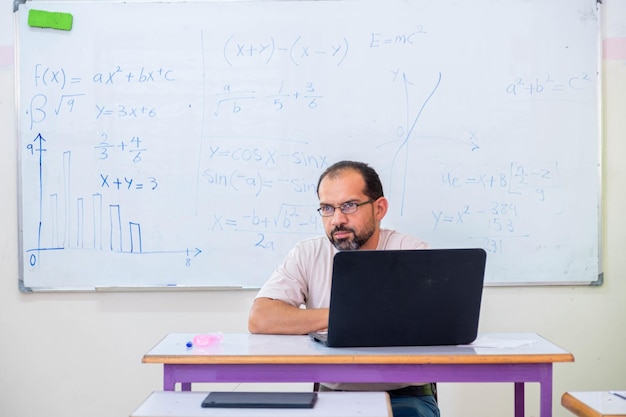 Portrait for male teacher alone in his classroom