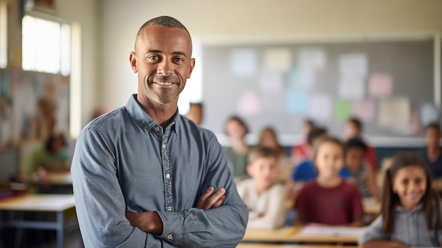 A portrait of a male teacher in a class with his students Generative AI