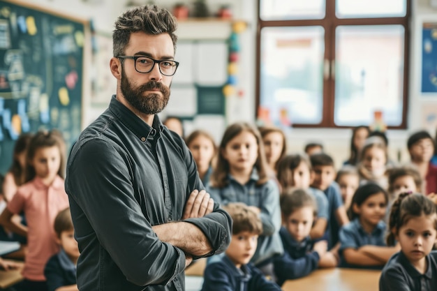 Foto ritratto di insegnanti e alunni seduti a tavole in classe