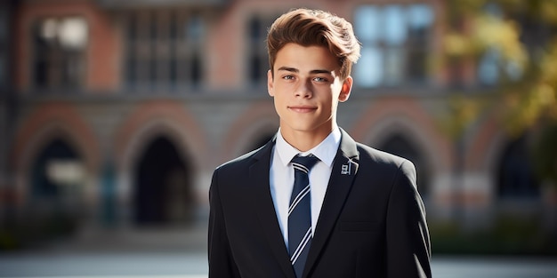 Portrait Of Male Teenage Student In Uniform Outside Buildings
