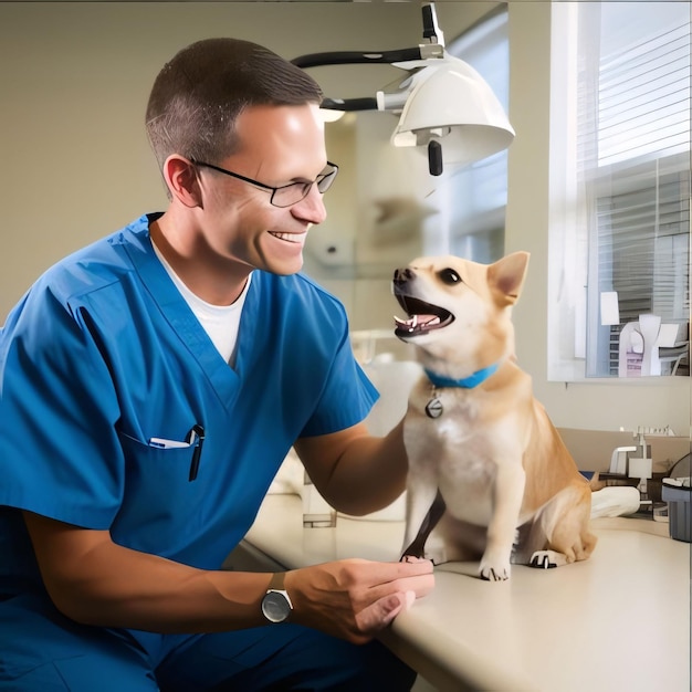 Portrait of a male veterinarian with a dog in a veterinary clinic