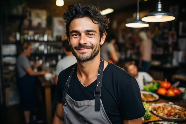 Portrait of male waiter in apron in cafe portrait