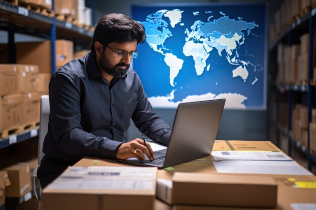 Photo portrait of male warehouse worker using laptop in warehouse