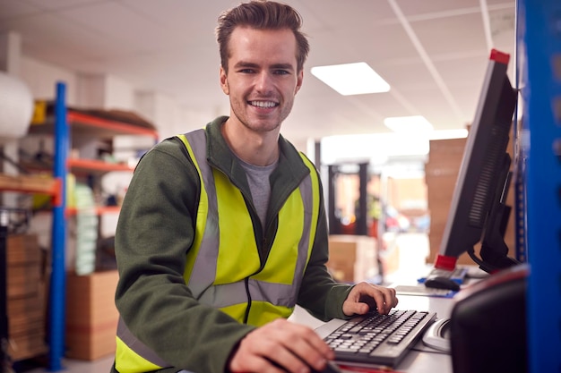 Portrait Of Male Worker In Busy Modern Warehouse Working On Computer Terminal