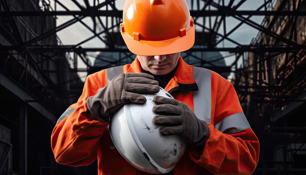 Portrait of a male worker holding a safety helmet Industrial background