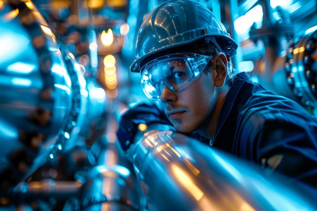 Photo portrait of a male worker wearing a hard hat and safety glasses in a factory