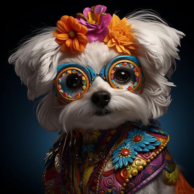 Portrait of Maltese Dog Adorned With Colorful Da De Los Muertos Face Pai Pet Festive Costume Photo