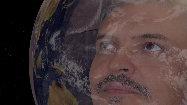 Foto ritratto di un uomo astronauta nello spazio indossando un casco che guarda il globo terrestre spedizione scifi missione di scoperta di pianeti ed esplorazione da parte di coraggiosi umani passeggiata nello spazio 3d rendering