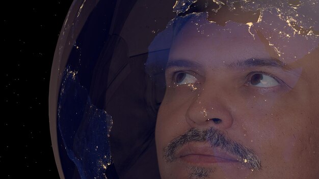 Foto ritratto di un uomo astronauta nello spazio indossando un casco che guarda il globo terrestre spedizione scifi missione di scoperta di pianeti ed esplorazione da parte di coraggiosi umani passeggiata nello spazio 3d rendering