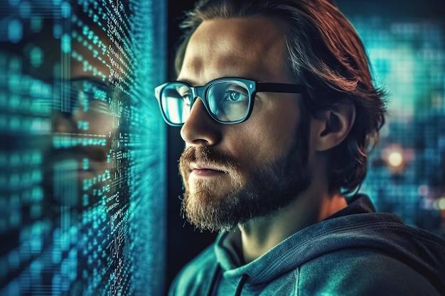 Premium Photo | Portrait of man and binary code numbers technology ...