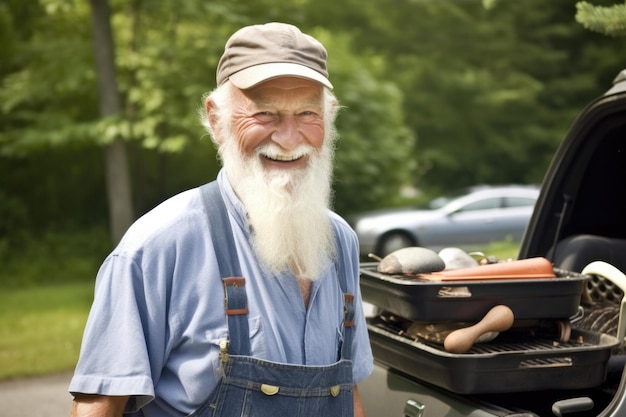 Portrait of a man carrying his grill outside created with generative ai