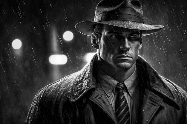 Portrait of man detective in rain at night on street in style of a film noir