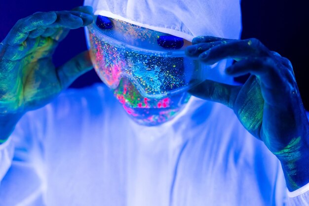 Portrait of man doctor in protective clothes in ultraviolet\
neon light during coronavirus pandemic