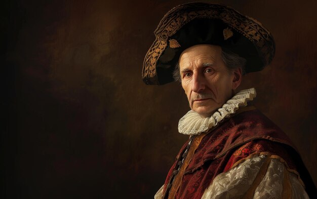 Photo portrait of a man dressed as a nobleman from the renaissance era with a rich textured background