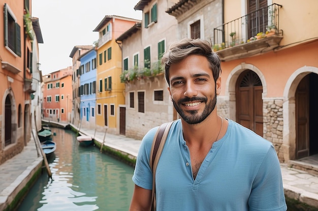 Photo portrait of man during vacation visiting locations around the world